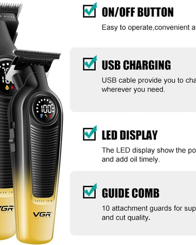 VGR Hair Clippers for Men & Hair Trimmer Set, Cordless Barber Combo with LED Display, Ceramic & Titanium Blades, 7000RPM, Type-C Rechargeable, Home & Professional Hair Cutting Kit, V-196 & 996(Gold)
