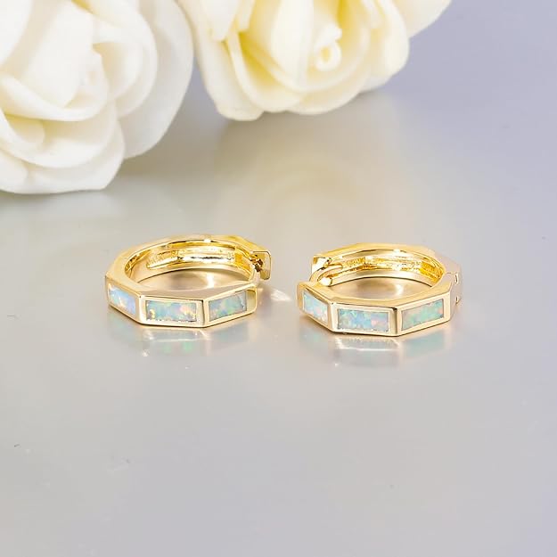 CiNily Opal Hoop Earrings for Women, Girls Hexagon Huggie Earrings 14K White/Black/Gold Plated Hypoallergenic | Mini Hoop Earrings | Small Hoops for Sensitive Ear Christmas Halloween Jewelry Gifts