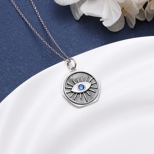 Sterling Silver Coin Necklace for Women, 14K Evil Eye Necklace Vintage Coin Gold Pendant Necklaces for Women Teen