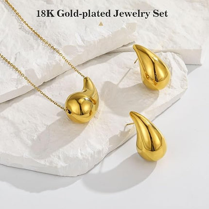 Chunky Drop Earrings Waterdrop Necklace Earrings Jewelry Set, Lightweight Teardrop Dainty Stud Earrings Pendant Necklace Jewelry Set for Women Girls