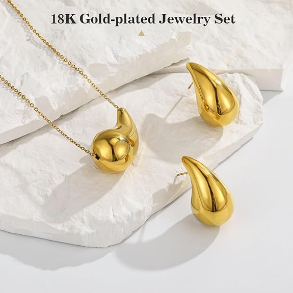 Chunky Drop Earrings Waterdrop Necklace Earrings Jewelry Set, Lightweight Teardrop Dainty Stud Earrings Pendant Necklace Jewelry Set for Women Girls