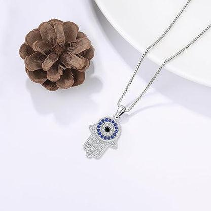 925 Sterling Silver Jewelry for Women, Hamsa Hand of Fatima Evil Eye Jewelry with Cubic Zirconia,Comes with Black Jewelry Gift Box