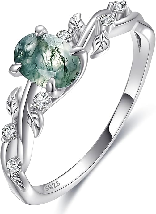 Engagement Rings for Women 925 Sterling Silver Oval Cut Moss Agate/Black Rutilated Quartz/Emerald Gemstone Wedding Rings Promise Ring Size 5-9