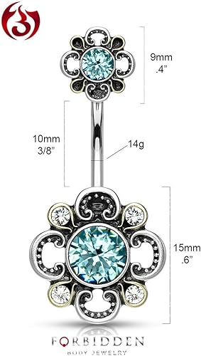 Forbidden Body Jewelry Surgical Steel CZ Centered Flower Vintage Filigree Belly Button Ring with Matching Top