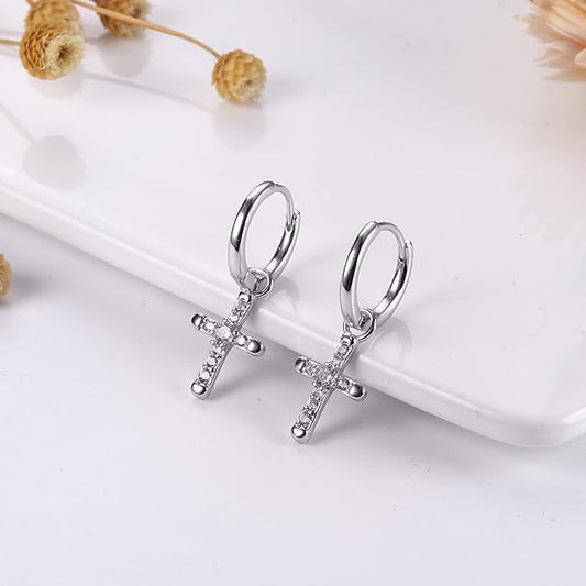 Milacolato 925 Sterling Silver Cross Earrings for Men Women Dainty CZ Huggie Hoop Earrings Iced Out Cross Dangle Earrings Lightweight Huggie Cuff Dangle Earrings for Men Women