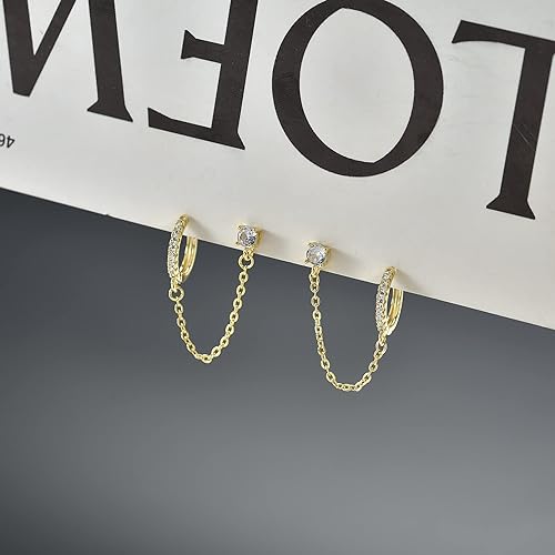 925 Silver Hoop Chain Earrings for Women 14K Gold Plated Trendy Chain Dangle Earrings