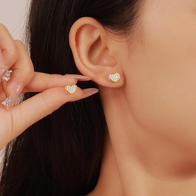 18K Gold Heart Earrings Studs, Cute Heart Shaped Earrings for Women Gold Plated Small Heart Earrings Stud with Cubic Zirconia S925 Hypoallergenic Stud Earrings for Women Jewelry Gift