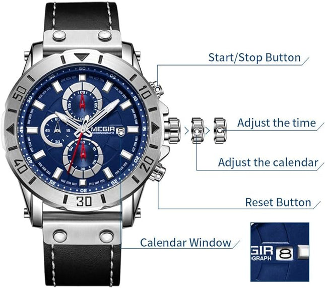 MEGIR Men's Analog Business Quartz Chronograph Luminous Watch with Stylish Leather Strap for Sports 2081