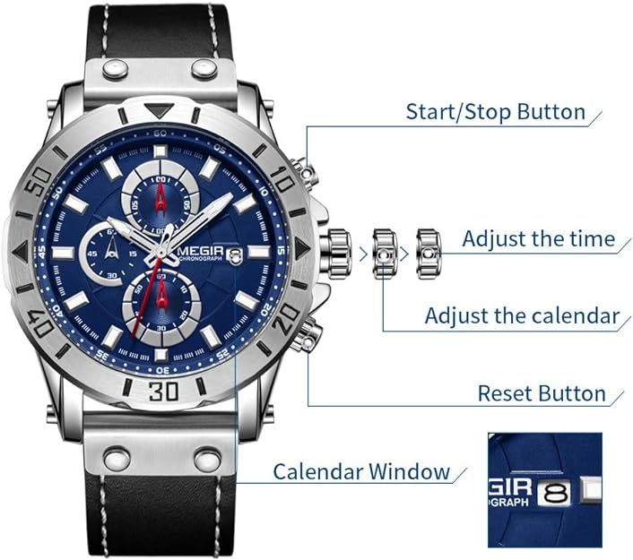 MEGIR Men's Analog Business Quartz Chronograph Luminous Watch with Stylish Leather Strap for Sports 2081