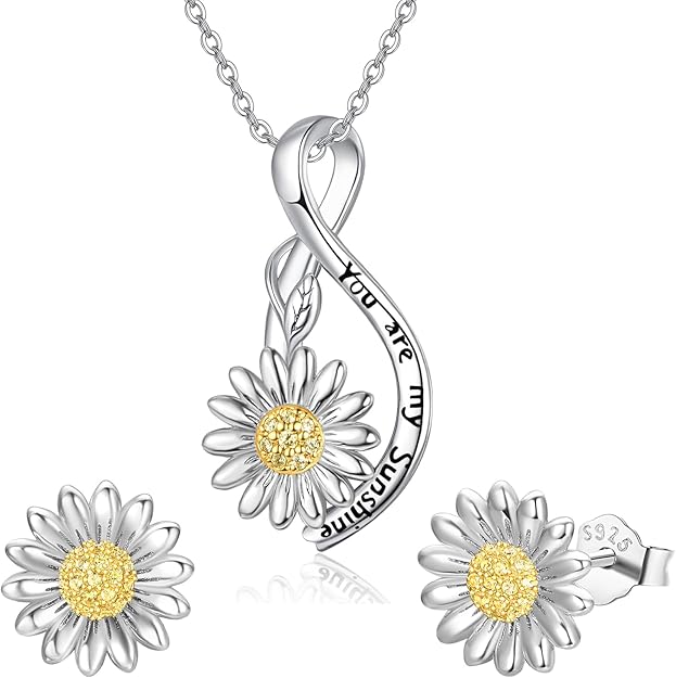 Dreamboat Women's Daisy Jewelry Set 925 Sterling Silver 'You Are My Sunshine' Daisy Pendant Necklace & Stud Earrings Wedding & Birthday Gifts