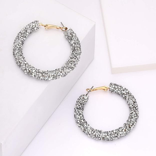 NLCAC Glitter Hoop Earrings Bohemian Sparkle Resin Rhinestone Wrapped Hoop Dangle Earrings for Women