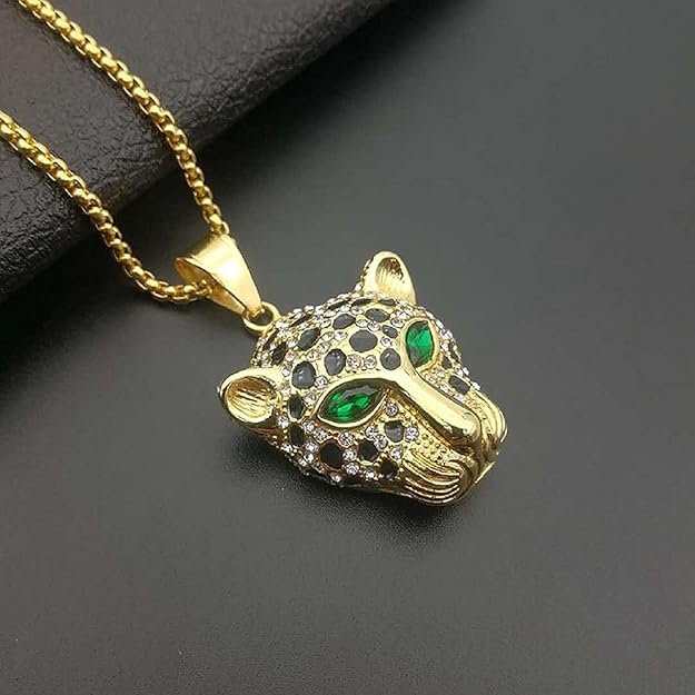 Iced Out Leopard Head Necklace for Men, Stainless Steel Nordic Viking Leopard Animal Necklace Hip Hop Leopard Head Pendant Necklace for Men