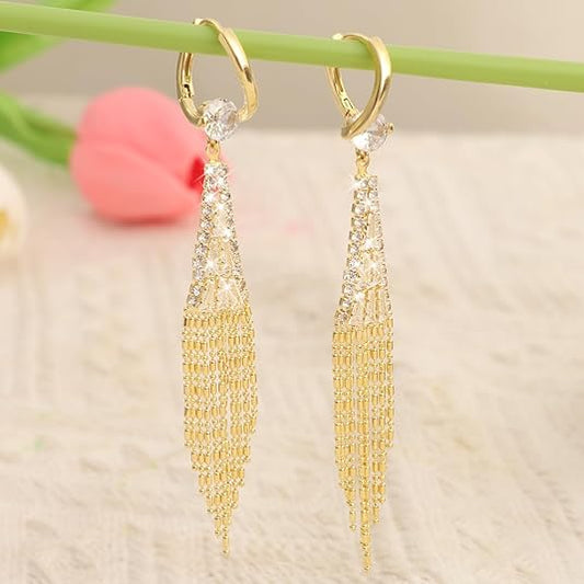 Gold Earrings for Women Chandelier Dangle Earrings 18k Gold Plated Cubic Zircon Drop Earrings Crystal Fringe Long Tassel Earrings