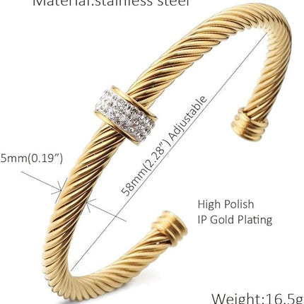 Cable Cuff Bracelets, Stainless Steel Twisted Wire Composite Bracelet Bangles, Adjustable Elegant Antique Jewelry with Rhinestone for Women