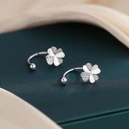 SLUYNZ Sterling Silver Clover Leaf Half Hoop Earrings for Women Teen Girls Leaf Open Hoop Earrings Huggie Cartilage Helix Piercing Earrings Ball Screw Backs