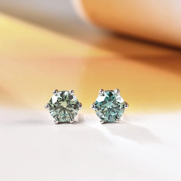 Green Moissanite Earrings - 6 Prong Green Stud Earrings 14k White Gold Green Earrings 925 Sterling Silver Moissanite Jewelry Gifts for Christmas