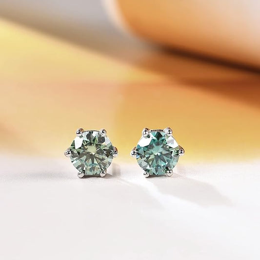 Green Moissanite Earrings - 6 Prong Green Stud Earrings 14k White Gold Green Earrings 925 Sterling Silver Moissanite Jewelry Gifts for Christmas