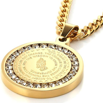 HZMAN Bible Verse Prayer Necklace Christian Jewelry Gold Stainless Steel Praying Hands Coin Medal Pendant