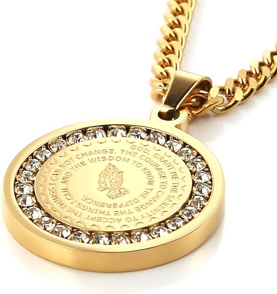 HZMAN Bible Verse Prayer Necklace Christian Jewelry Gold Stainless Steel Praying Hands Coin Medal Pendant