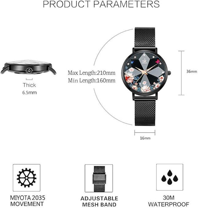 SHENGKE Creative Starry Sky Women Watch with Stainless Steel Mesh Band Genuine Leather Elegant Floral Women Watches