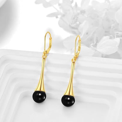 Black Onyx Drop Earrings for Women Sterling Silver 18K Yellow Gold Plated Filigree Black Onyx Dangle Leverback Earrings Jewelry Gifts for Girls