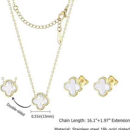 Clover Necklace and Stud Earrings Jewelry Set White Black Red Clover Pendant Necklace 18k Gold Plated Four Leaf Clover Necklace Earrings Set Gifts for Women