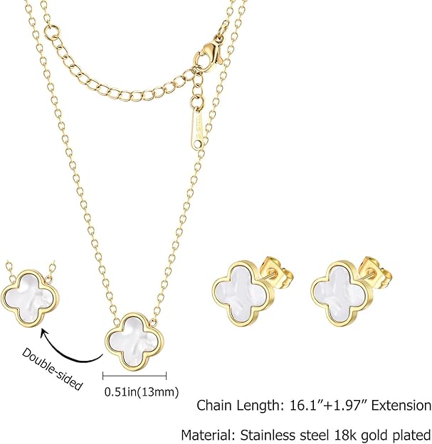 Clover Necklace and Stud Earrings Jewelry Set White Black Red Clover Pendant Necklace 18k Gold Plated Four Leaf Clover Necklace Earrings Set Gifts for Women