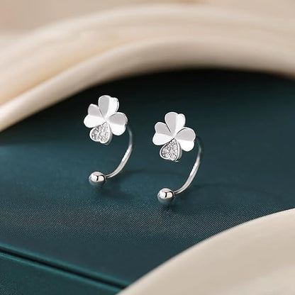 SLUYNZ Sterling Silver Clover Leaf Half Hoop Earrings for Women Teen Girls Leaf Open Hoop Earrings Huggie Cartilage Helix Piercing Earrings Ball Screw Backs