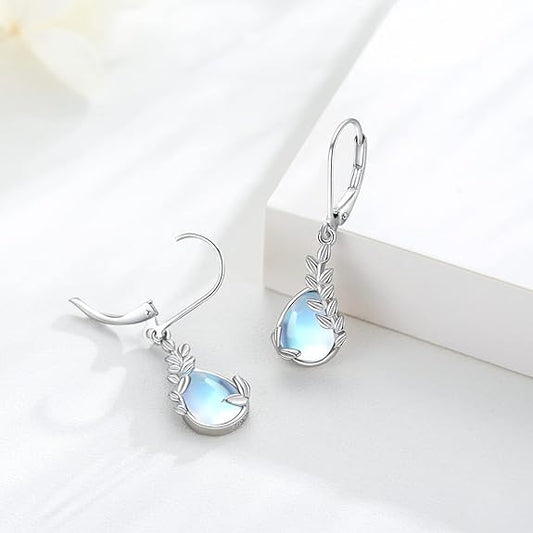 Leaf Earrings 925 Sterling Silver Leaf Dangle Earrings Moonstone Drop Earrings Leaves Leverback Earrings Leaf Jewelry Gift for Women Girls