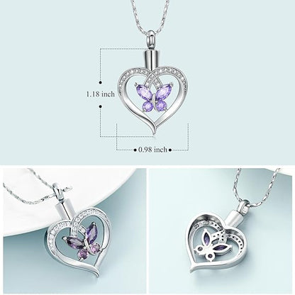 Imrsanl Butterfly Urn Necklaces for Women Girls Birthstone Cremation Jewelry Urns Pendant for Human Ashes Memorial Locket Keepsake Jewelry