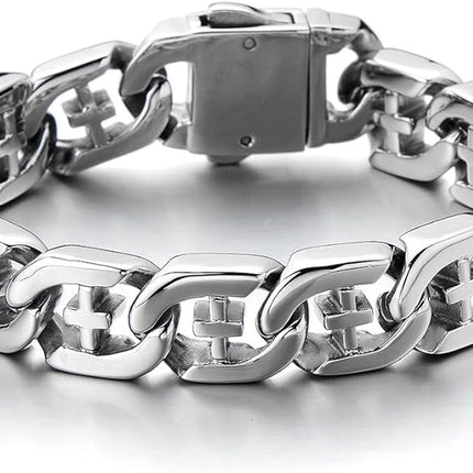 COOLSTEELANDBEYOND Men's Stainless Steel Curb Chain Bracelet with Cross Silver Color High Polished