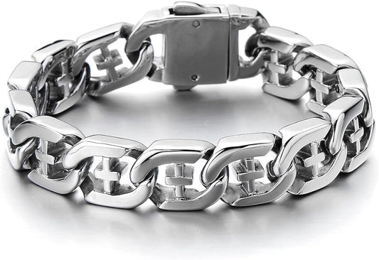 COOLSTEELANDBEYOND Men's Stainless Steel Curb Chain Bracelet with Cross Silver Color High Polished