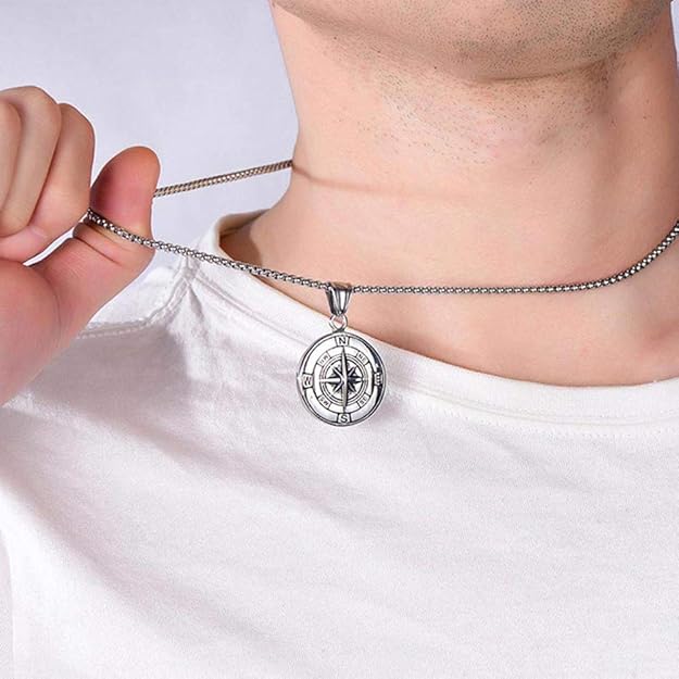 Compass Necklace for Men Chain Stainless Steel Compass Pendants Male Jewelry