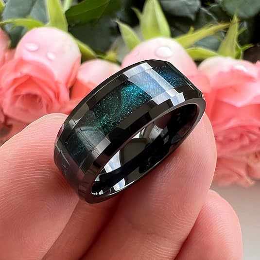 8mm Black Tungsten Rings for Men Women Flowing Sand Inlay Fashion Engagement Promise Wedding Band Beveled Polished Shiny Comfort Fit