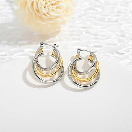 Two Tone Hoop Earrings For Women Three Circle Gold And Silver Earrings Two Circle Two Tone Knot Earrings Chunky Hoop Earrings Fashion Jewelry Gift