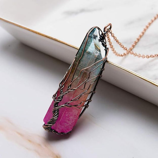 Bivei Tree of Life Copper Wire Wrapped Natural Quartz Necklace Reiki Healing Crystal Point Chakra Pendant Jewelry Gift for Women