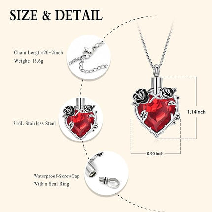 Rose Flower Cremation Urn Necklace for Ashes Heart Crystal Memorial Jewelry for Women Urn Keepsake Pendant Human Pet Memorial Locket Holder