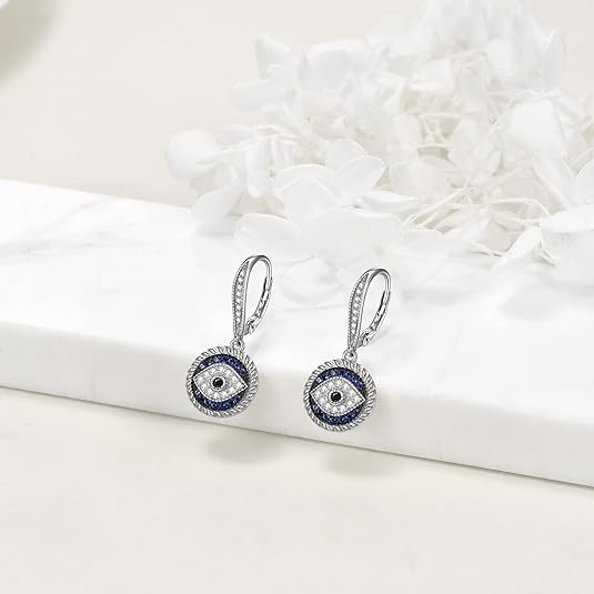 Evil Eye Earrings for Women 925 Sterling Silver Blue Evil Eye Leverback Earrings Huggie Hoop Earrings Evil Eye Dangle Earrings Minimalist Jewelry Gifts for Women Girls