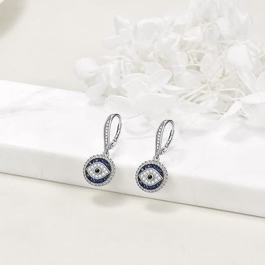 Evil Eye Earrings for Women 925 Sterling Silver Blue Evil Eye Leverback Earrings Huggie Hoop Earrings Evil Eye Dangle Earrings Minimalist Jewelry Gifts for Women Girls