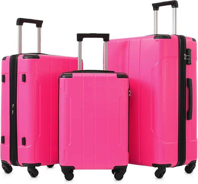 Merax Luggage Set 3 Piece Expandable Lightweight Spinner Suitcase with Corner Guards (Rose Red, 20/24/28)