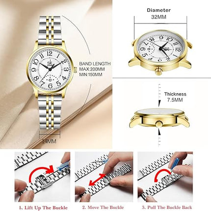 SHENGKE SK Business Classic Women Watch with Calendar Genuine Leather Stainless Steel Band Elegant Ladies Watch (Roman-Steel)