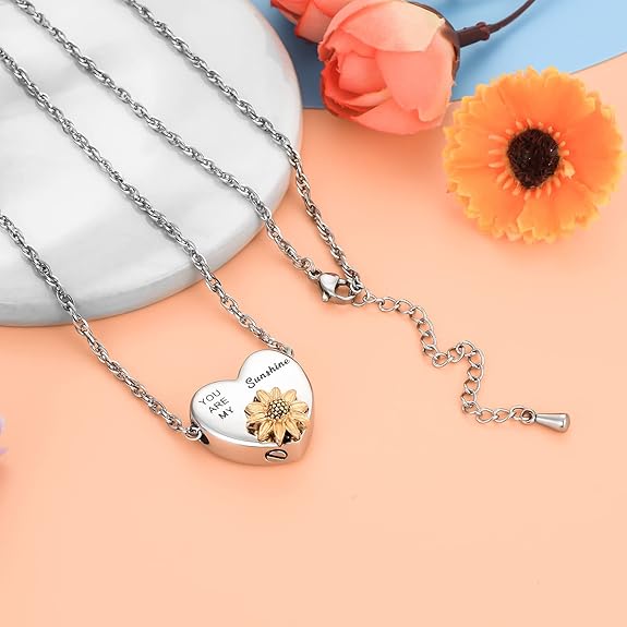 XIUDA Heart Ashes Necklace Urn Necklace with Sunflower You Are My Sunshine Cremation Necklace for Ashes Cremation Jewelry for Human Ashe Memorial Necklace with Flower