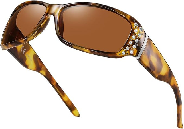 HAOLOTA Women's Polarized Rhinestone Sunglasses - Elegant Rectangle Frame with Bling UV400 Protection