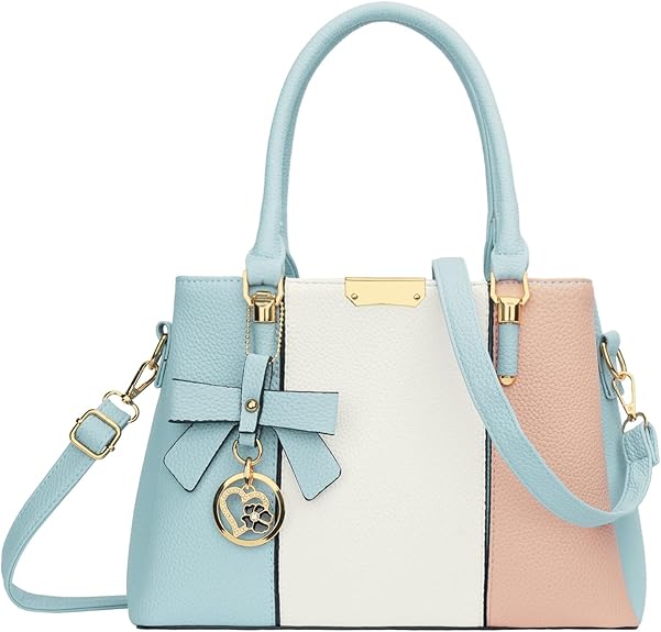 KKXIU 3 Zippered Compartments Purses and Handbags for Women Top Handle Satchel Shoulder Ladies Bags (A-Blue White Pink)