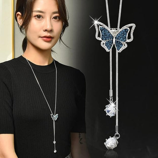 Sither Butterfly Pendant Necklace for Women Long Sweater Chain Crystal Tassel Necklace Wedding Dressy Necklace Jewelry for Winter Evening Party Christmas Gift