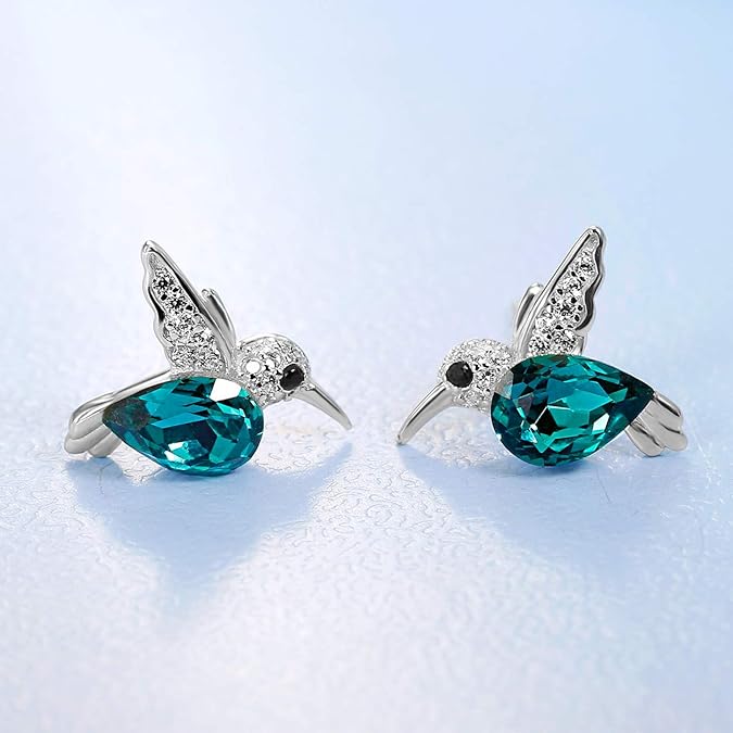 Jewever 925 Sterling Silver Hummingbird Ear Studs Blue Cubic Zirconia Earrings for Women Jewelry Gift Silvery