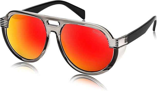 FEISEDY Steampunk with Side Shields Aviator Sunglasses for Men Women 80s Retro Flat Top Oversized Polarized Shades B0096