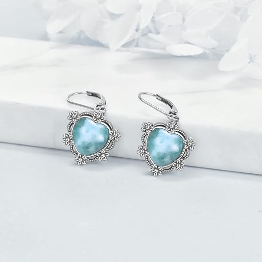 925 Sterling Silver Larimar Opal Moonstone Turquoise Leverback Earrings Dangle Drop Vintage Jewelry Christmas Gifts for Women