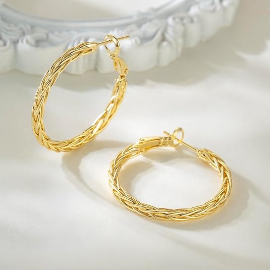 14K Gold Hoop Earrings for Women Trendy Thick Twisted Hoops Earring Fine Weave Design 14K Gold Earrings for Womens Hypoallergenic Earrings Jewelry for Women 30MM