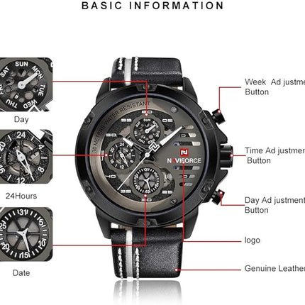 NAVIFORCE Sport Military Watches for Men Waterproof Watch Analog Quartz Leather Band Date Calendar Clock Wristwatch